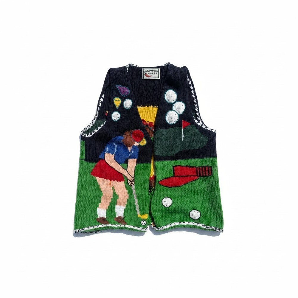 Cotton Salsa Handmade Peru Golf Scene Knit Sweater Vest Vintage Novelty 90s - Picture 3 of 12